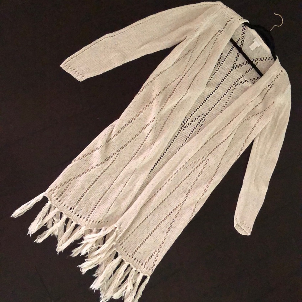 Chico’s fringed lacy duster cardigan, size 2.